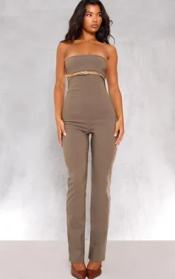 Khaki Stretch Woven Belted Bandeau Jumpsuit