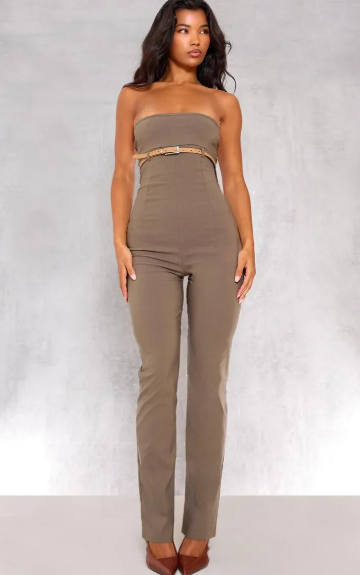 Khaki Stretch Woven Belted Bandeau Jumpsuit