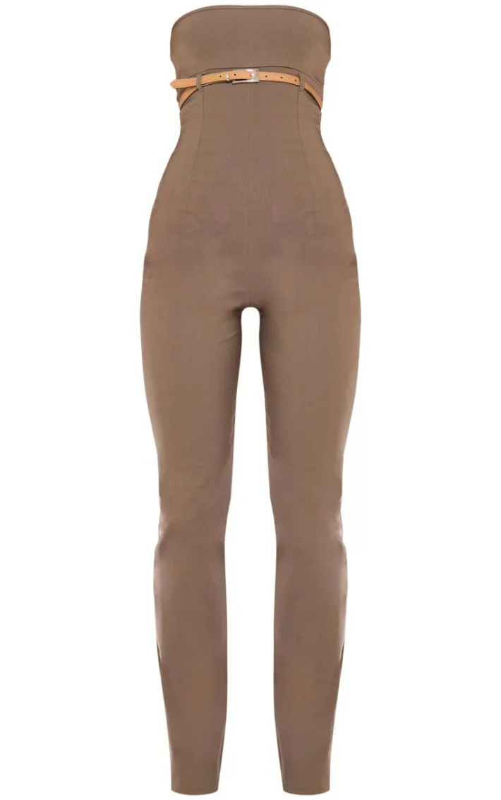 Khaki Stretch Woven Belted Bandeau Jumpsuit