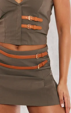 Khaki Stretch Woven Brown Belt Detail Skort