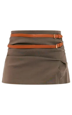 Khaki Stretch Woven Brown Belt Detail Skort