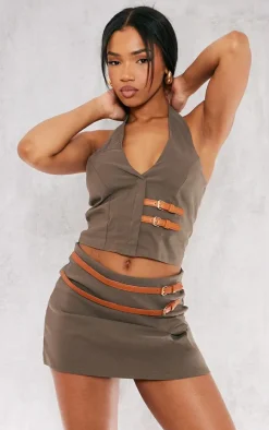 Khaki Stretch Woven Brown Belt Detail Vest