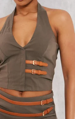 Khaki Stretch Woven Brown Belt Detail Vest