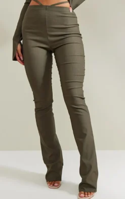 Khaki Stretch Woven Cut Out Detail Skinny Flared Pants