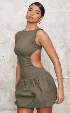Khaki Stretch Woven Cut Out Backless Shift Dress