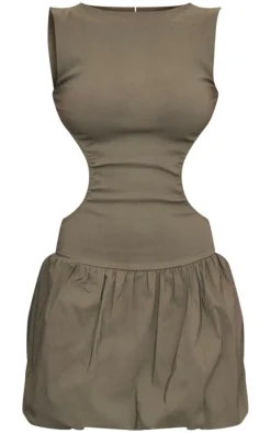 Khaki Stretch Woven Cut Out Backless Shift Dress