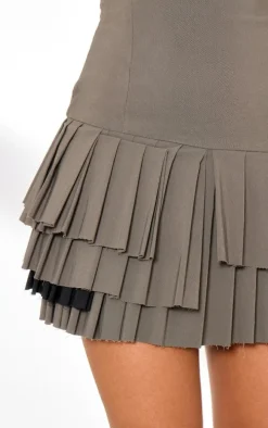 Khaki Stretch Woven Extreme Pleated Shift Dress