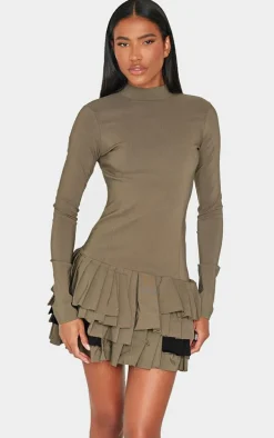 Khaki Stretch Woven Extreme Pleated Long Sleeve Shift Dress