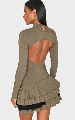 Khaki Stretch Woven Extreme Pleated Long Sleeve Shift Dress