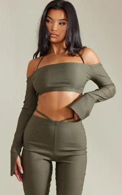 Khaki Stretch Woven Halterneck Bardot Crop Top