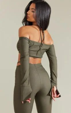 Khaki Stretch Woven Halterneck Bardot Crop Top