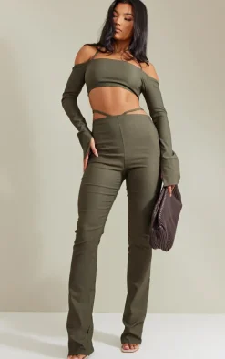 Khaki Stretch Woven Halterneck Bardot Crop Top