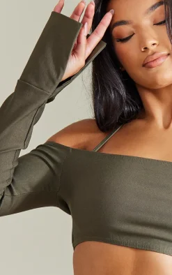 Khaki Stretch Woven Halterneck Bardot Crop Top