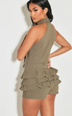 Khaki Stretch Woven High Neck Rara Skort Romper