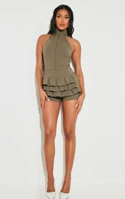 Khaki Stretch Woven High Neck Rara Skort Romper