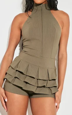 Khaki Stretch Woven High Neck Rara Skort Romper