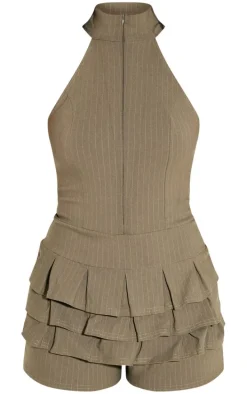 Khaki Stretch Woven High Neck Rara Skort Romper