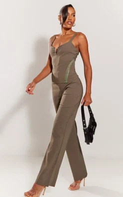 Khaki Stretch Woven Low Rise Straight Leg Pants