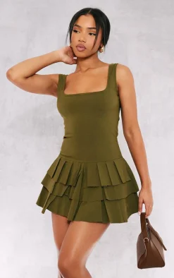 Khaki Stretch Woven Pleated Skort Romper