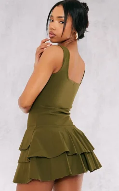 Khaki Stretch Woven Pleated Skort Romper