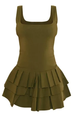Khaki Stretch Woven Pleated Skort Romper