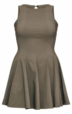 Khaki Stretch Woven Racer Pleated Shift Dress