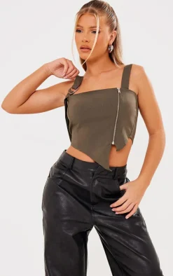 Khaki Stretch Woven Zip Side Hardware Detail Top