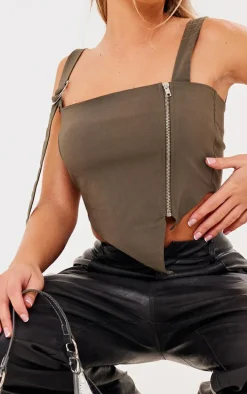 Khaki Stretch Woven Zip Side Hardware Detail Top