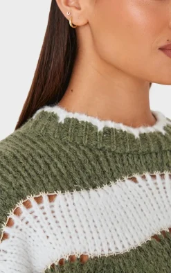 Khaki Stripe Distressed Detail Chunky Knit Sweater