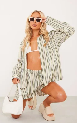 Khaki Stripe Linen Look Pocket Front Long Sleeve Oversized Shirt
