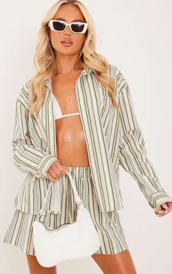 Khaki Stripe Linen Look Pocket Front Long Sleeve Oversized Shirt