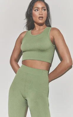 Khaki Structured Contour Sleeveless Ribbed Crop Top