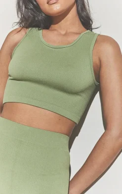Khaki Structured Contour Sleeveless Ribbed Crop Top
