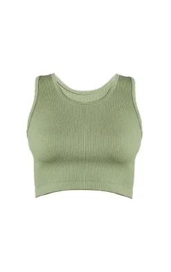 Khaki Structured Contour Sleeveless Ribbed Crop Top