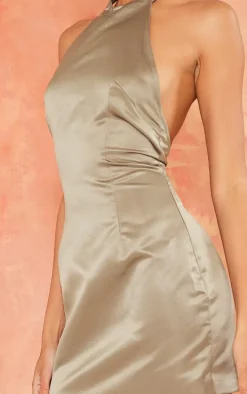 Khaki Structured Satin Halterneck Bodycon Dress