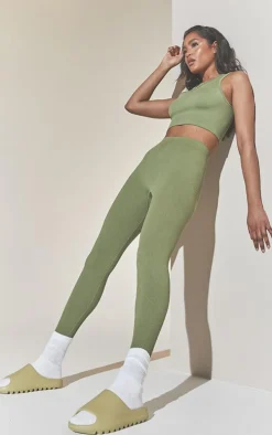 Khaki Structured Snatched Ribbed Leggings