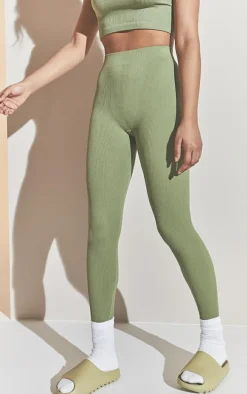 Khaki Structured Snatched Ribbed Leggings