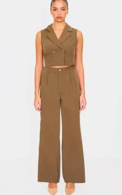 Khaki Structured Woven Tailored Sleeveless Vest Detail Jumpsuit