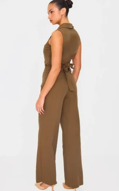 Khaki Structured Woven Tailored Sleeveless Vest Detail Jumpsuit