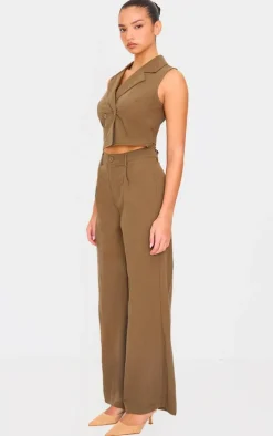 Khaki Structured Woven Tailored Sleeveless Vest Detail Jumpsuit