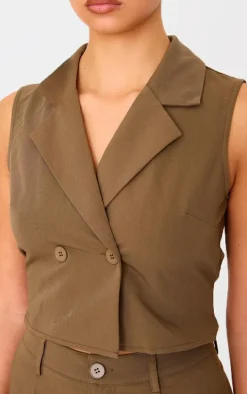 Khaki Structured Woven Tailored Sleeveless Vest Detail Jumpsuit