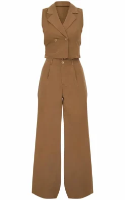 Khaki Structured Woven Tailored Sleeveless Vest Detail Jumpsuit
