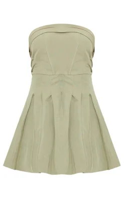 Khaki Tailored Bandeau Pleated Shift Dress