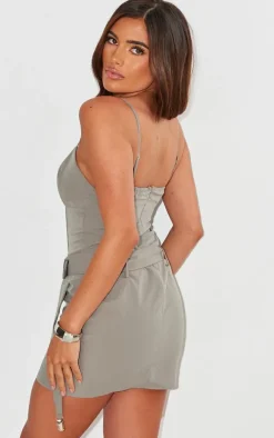 Khaki Tailored Woven Stirrup Detail Bodycon Dress