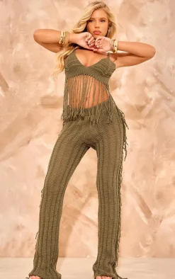 Khaki Tassel Crochet Top