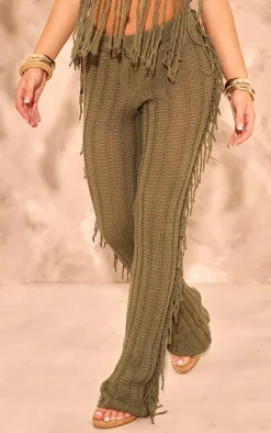 Khaki Tassel Crochet Wide Leg Pants
