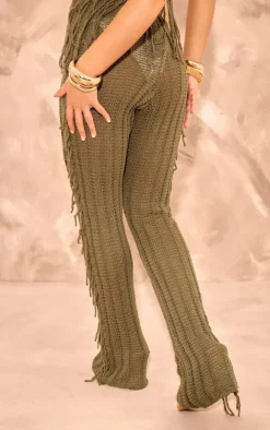 Khaki Tassel Crochet Wide Leg Pants