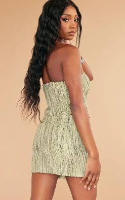 Khaki Textured Boucle Tweed Bandeau Corset