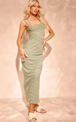 Khaki Textured Double Strap Midaxi Dress