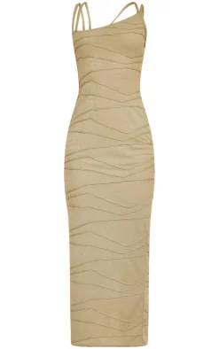 Khaki Textured Double Strap Midaxi Dress